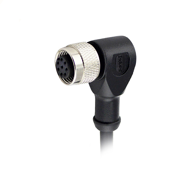 M12 8pins A code female right angle molded cable,shielded,PVC,-40°C~+105°C,24AWG 0.25mm²,brass with nickel plated screw